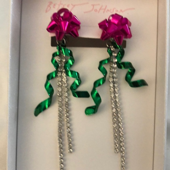 Betsey Johnson Christmas Bow Front Back Drop Earrings Fringe Accents NIB - Picture 8 of 12